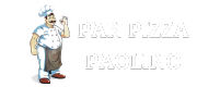 Logotipo con chef caricaturesco a la izquierda y texto blanco “PAN PIZZA PAOLINO” en fondo negro a la derecha.