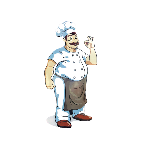 Chef caricaturesco con uniforme blanco, delantal gris, bigote y gesto de aprobación con la mano sobre fondo transparente.